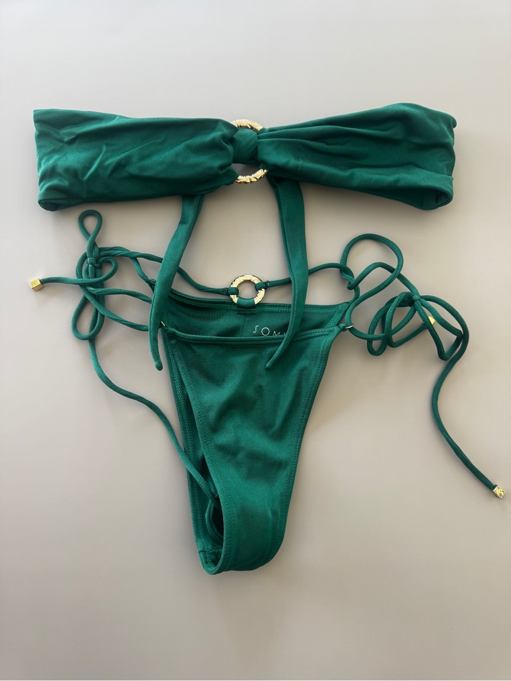 Gold-Ring Emerald Bandeau Tie Bikini Set